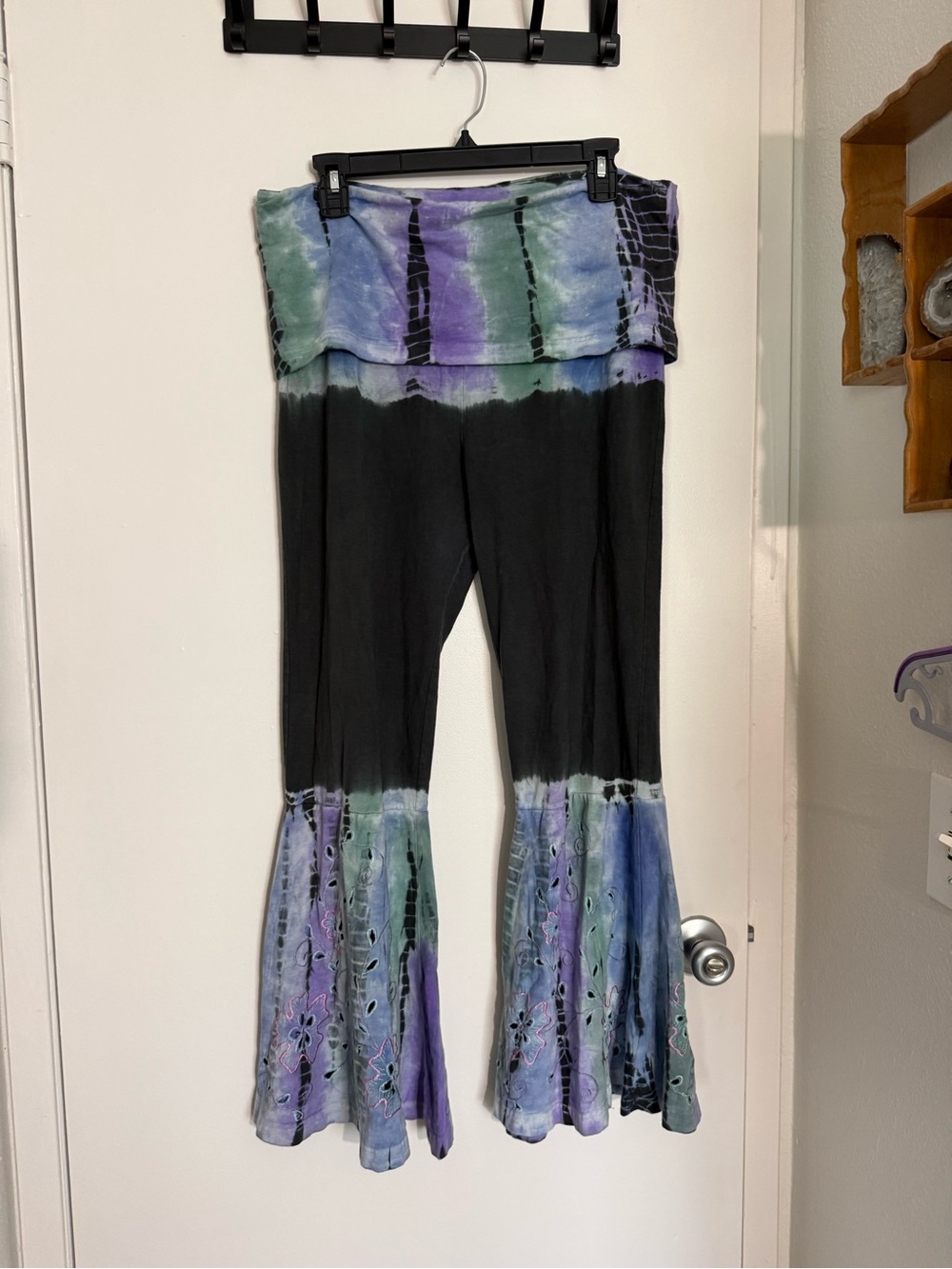 Blue Sky Black Fold-Over Waist Tie-Dye Flared Leggings with Purple & Green